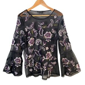 Y2k‎ INC Top XXL Mesh Floral Embroidered Bell Sleeve Fairy Grunge Whimsigoth